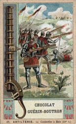 Chevalier manœuvrant une couleuvrine à main du 15ème siècle. Chromolithographie du 19ème siècle des chocolats Guérin-Boutron