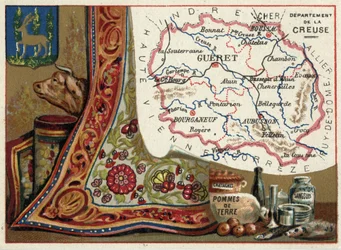 La Creuse (23), Limousin, France. Châtaignes, pommes de terre et sangsues. Série sur les départements français. Chromolithographie « le fil géographique », vers 1920. Collection privée.