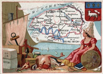 La Seine-Inférieure, maintenant Seine-Maritime (76), Haute-Normandie, France. Spécialités locales : coton, cidre, hareng saur. Portrait de Pierre Corneille, dramaturge français. Série sur les départements français. Chromolithographie