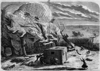 La chute du ballon "Le Géant" dans les plaines de Hanovre en 1863 avec à bord : Jules et Louis Godard, Félix Nadar, sa femme, Fernand Montgolfier et Thirion. Les aéronautes tentent de secourir Mme Nadar, prise sous la nacelle. Gravure dans "Le Monde Illust