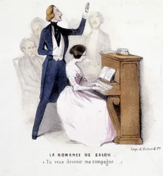 La romance de salon: homme chantant accompagné au piano par une femme, par Lonsay, vers 1845.