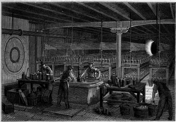 La salle des piles (surface 400 mètres carrés) du bureau central des télégraphes à Paris. Dans « La Nature. Revue des sciences et de ses applications aux arts et à l