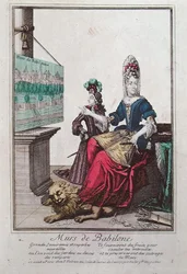 Dame montrant une image de Sémiramis et les Jardins suspendus de Babylone