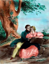 Leçon de paysage. Gravure du 19e siècle. Collection privée.