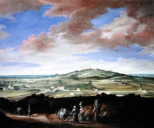 Paysage avec une ville sur une colline