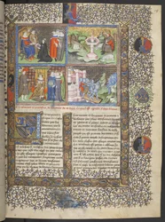 Miniatures incluant des détails de chevaliers en casques avec visières sur un pont-levis défendant une ville contre des chevaliers attaquants avec des lances, c.1415-20