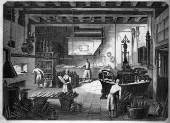 Grandes industries françaises du 19e siècle : Appareils de cuisson Drouot. Fournil de M. Courcier, rue Saint Maur à Paris. Dans « Le Monde Illustré » 1862.