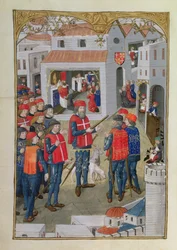 Lat 6067 fol.33v Les chevaliers de Saint-Jean de Jérusalem se préparent à défendre Rhodes, de Une histoire du siège de Rhodes, par Guillaume Caoursin, 1483
