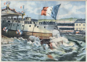 Lancement du cuirassé « République » à Brest, France. Gravure dans « Le Petit Parisien »