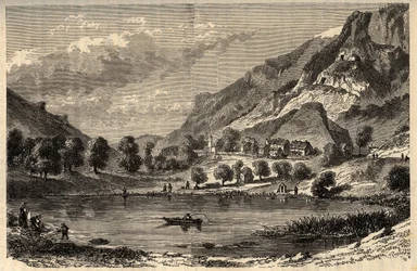 Le Lauzet-Ubaye - Le lac du Lauzet - commune du département des Alpes-de-Haute-Provence dans le sud-est de la France - gravure dans "PATRIE" - DESCRIPTION PICTURESQUE DE LA FRANCE EN 6 VOLUMES PAR LUCIEN HUARD - fin XIXe siècle