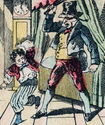 Le Père Fouettard, personnage légendaire du folklore, punissant les enfants désobéissants avec son fouet, et enfermant les enfants désobéissants, image d