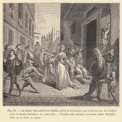 Le départ des comédiens italiens, après la fermeture, par ordre du roi, du théâtre de la Comédie-Italienne, le 4 mai 1697