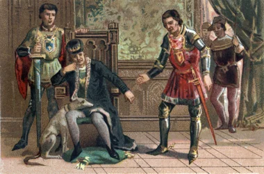 Ligue du Bien public : le roi Louis XI rencontre Charles le Téméraire à Péronne, duc de Bourgogne. Chromolithographie vers 1890