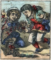 Lemuel Gulliver est utilisé comme jouet par les enfants géants de Brobdingnag. Illustration pour "Les Voyages de Gulliver" de Jonathan Swift (1667-1745). Imagerie d