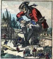 Lemuel Gulliver assis sur le mur de fortification de la ville explique la stratégie à l