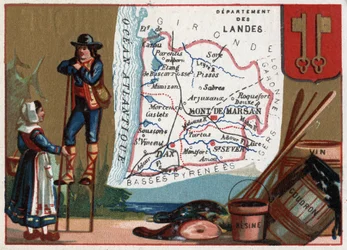Les Landes (40), Aquitaine, France. Série sur les départements français. Spécialités locales : goudron et résine de vin. Berger des Landes. Chromolithographie « le fil géographique », vers 1920. Collection privée.