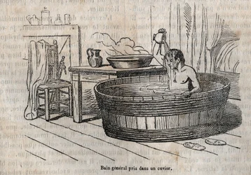 Les gestes du bain - Hygiène au 19ème siècle - bain dans un bol - gravure dans « La Santé Universelle - Guide Médical des Familles » 1852