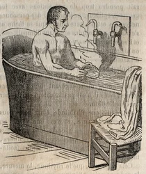 Les gestes du bain - Hygiène au 19ème siècle - homme dans une baignoire - gravure dans « La Santé Universelle - Guide Médical des Familles » 1852