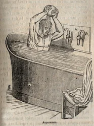 Les gestes du bain - Hygiène au 19ème siècle - homme dans une baignoire - gravure dans "La Santé Universelle - Guide Médical des Familles" 1852