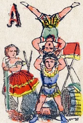 Lettre A : Acrobates. Gravure dans "Alphabet des jeux". M. Vagne, éditeur, Pont-à-Mousson, fin XIXe siècle. Série rose.