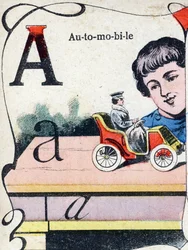 Lettre A : Automobile. Gravure dans "ABC des jouets pour petits garçons". Imagerie de Pont-à-Mousson, Louis Vagne, imprimeur-éditeur, fin XIXe siècle.