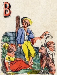 Lettre B : Bergers. Gravure dans "Alphabet des jeux". M. Vagne, éditeur, Pont-à-Mousson, fin XIXe siècle. Série rose.