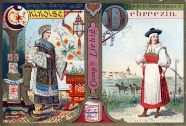 Lettre C comme Grande dame chinoise et D comme Hongroise de Debreczin. Alphabet des femmes. Série de 12 images. Publicité Liebig