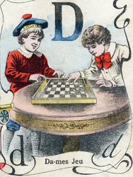 Lettre D : Jeu de dames. Gravure dans "ABC des jouets pour petits garçons". Imagerie de Pont-à-Mousson, Louis Vagne, imprimeur-éditeur, fin XIXe siècle.