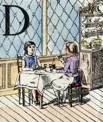 Lettre D, fille jouant à la dînette. ABC des petites filles. Imagerie d