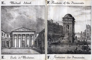 Lettre E et F: École de Médecine et la Fontaine des Innocents - "Alphabet Pittoresque des Monuments de Paris" vers 1840 (gravure)
