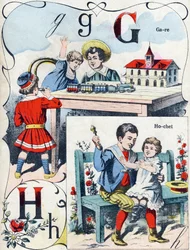 Lettre G H : gare et hochet. Gravure dans "ABC des jouets pour petits garçons". Imagerie de Pont-à-Mousson, Louis Vagne, imprimeur-éditeur, fin XIXe siècle.