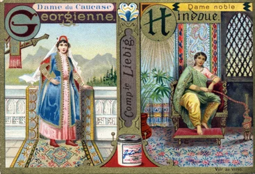 Lettre G comme Dame géorgienne du Caucase et H comme Dame noble hindoue. Alphabet des femmes. Série de 12 images. Publicité Liebig