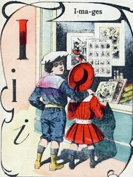 Lettre I : images. Gravure dans "ABC des jouets pour petits garçons". Imagerie de Pont-à-Mousson, Louis Vagne, imprimeur-éditeur, fin XIXe siècle.
