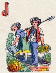 Lettre J : Jardiniers. Gravure dans "Alphabet des jeux". M. Vagne, éditeur, Pont-à-Mousson, fin XIXe siècle. Série rose.
