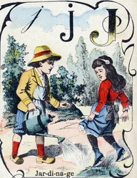 Lettre J : Jardinage. Gravure dans "ABC des jouets pour petits garçons". Imagerie de Pont-à-Mousson, Louis Vagne, imprimeur-éditeur, fin XIXe siècle.