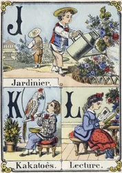 Lettres J, K et L : jardinier, cacatoès et lecture. Alphabet récréatif. Imagerie d