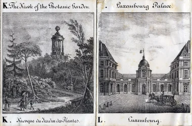 Lettre K Kiosque du Jardin des Plantes et L Palais du Luxembourg - "Alphabet Pittoresque des Monuments de Paris" vers 1840 (gravure)