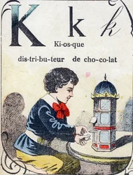 Lettre K : kiosque distributeur de chocolat. Gravure dans "ABC des jouets pour petits garçons". Imagerie de Pont-à-Mousson, Louis Vagne, imprimeur-éditeur, fin XIXe siècle.
