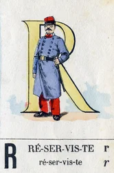 Lettre R comme réserviste. Alphabet militaire. Imagerie d