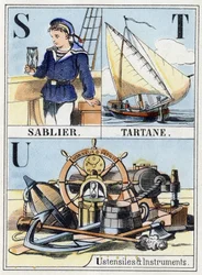 Lettres S comme sablier, T comme tartane, U comme ustensiles et instruments. Abécédaire de la marine de 16 pages contenant un alphabet en lettres capitales. Imagerie d