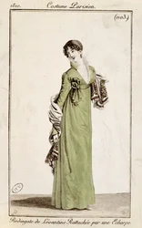 Redingote levantine fermée par une écharpe, planche de mode des Costumes Parisiens, 1810