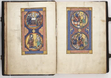 Psautier de Lewis ff.8v-9r, Présentation au Temple, et les trois tentations du Christ, c.1225-40 (tempera et or sur vélin)