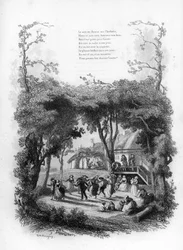 Chanson de Lisette. Fête et danse dans un village à la campagne. Gravure dans "Chants et chansons populaires de la France", Tome 2