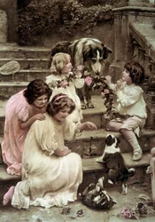 Petits enfants jouant avec des chiens Carte postale colorée du début du 20e siècle (photo)