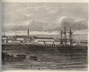 Lorient - Morbihan en Région Bretagne - gravure dans "La France illustrée : géographie, histoire, administration statistique" par V.A. Malt-Brown. 1884