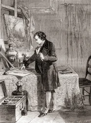 Louis-Jacques-Mandé Daguerre inventant le procédé photographique du daguerréotype au 19ème siècle, de 