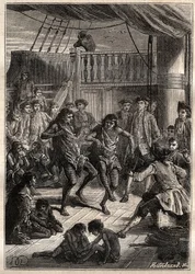 Louis Antoine, Comte de Bougainville (1729-1811) reçoit les habitants de la baie Fortescue (détroit de Magellan) dans son bateau « La Boudeuse » en 1768 - illustration tirée de « Les Grands Marins du XVIIIe siècle »