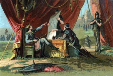 Louis III (voir 863-882) et Carloman II (867-884) assiègent Vienne en vain. Chromolithographie vers 1890.