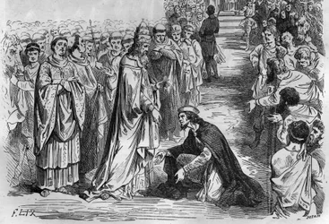 Louis Ier le Pieux ou le Débonnaire (778-840) aux genoux du pape Étienne V (Stefano, pape de 896 à 897). Gravure dans « Histoire des Papes-Rois-Reines et Empereurs à travers les siècles » de Maurice Lachatre.