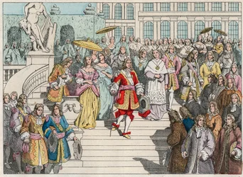 Louis XIV (Louis 14) et sa cour à Versailles - Louis XIV de France et sa cour à Versailles - Gravure de la fin du 19e siècle dans «Nos Gires Nationales - Images et récits»